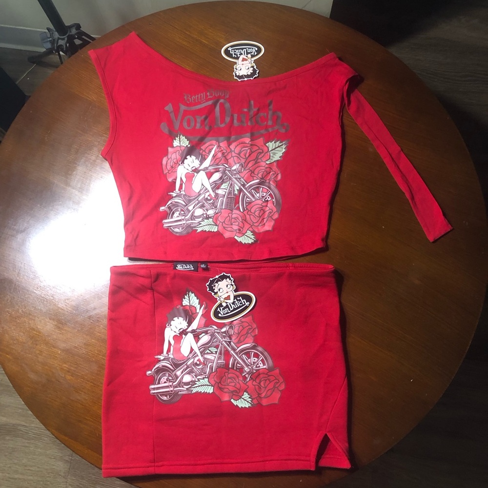 Von Dutch Red Betty Boop Graphic Crop Top & Mini Skirt Set